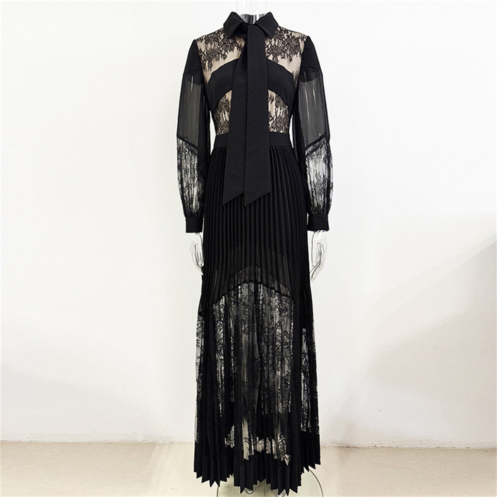 Platlogy Black Lace Patchwork Maxi Dress Bow Collar Long Sleeve Pleated Formal Evening Party Long Dresses