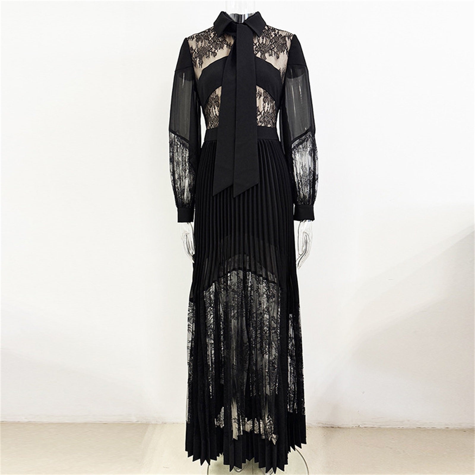 Platlogy Black Lace Patchwork Maxi Dress Bow Collar Long Sleeve Pleated Formal Evening Party Long Dresses