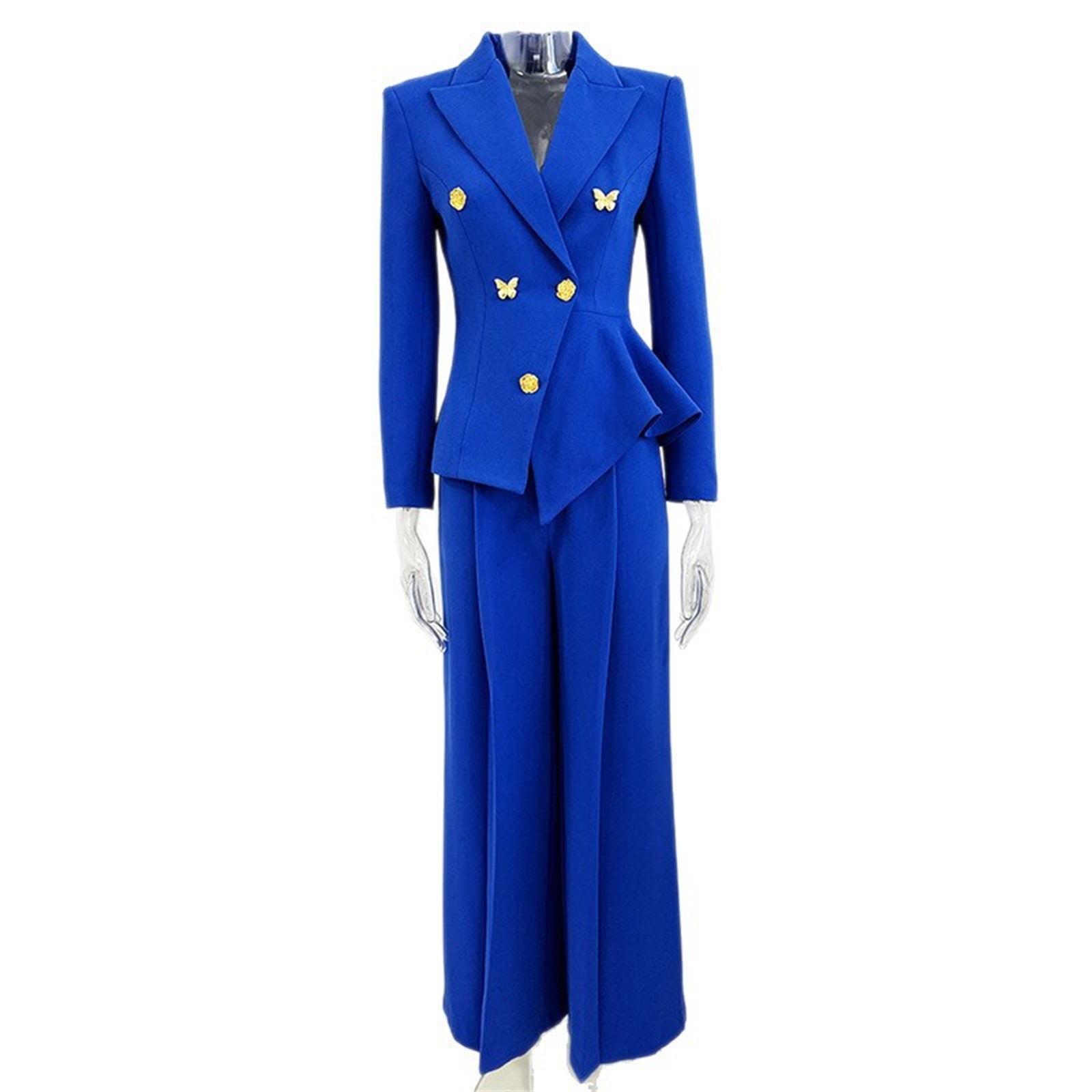 Platlogy Bright Blue Butterfly Button Blazer Wide Leg Pants Two Piece Business Suit Set For Women