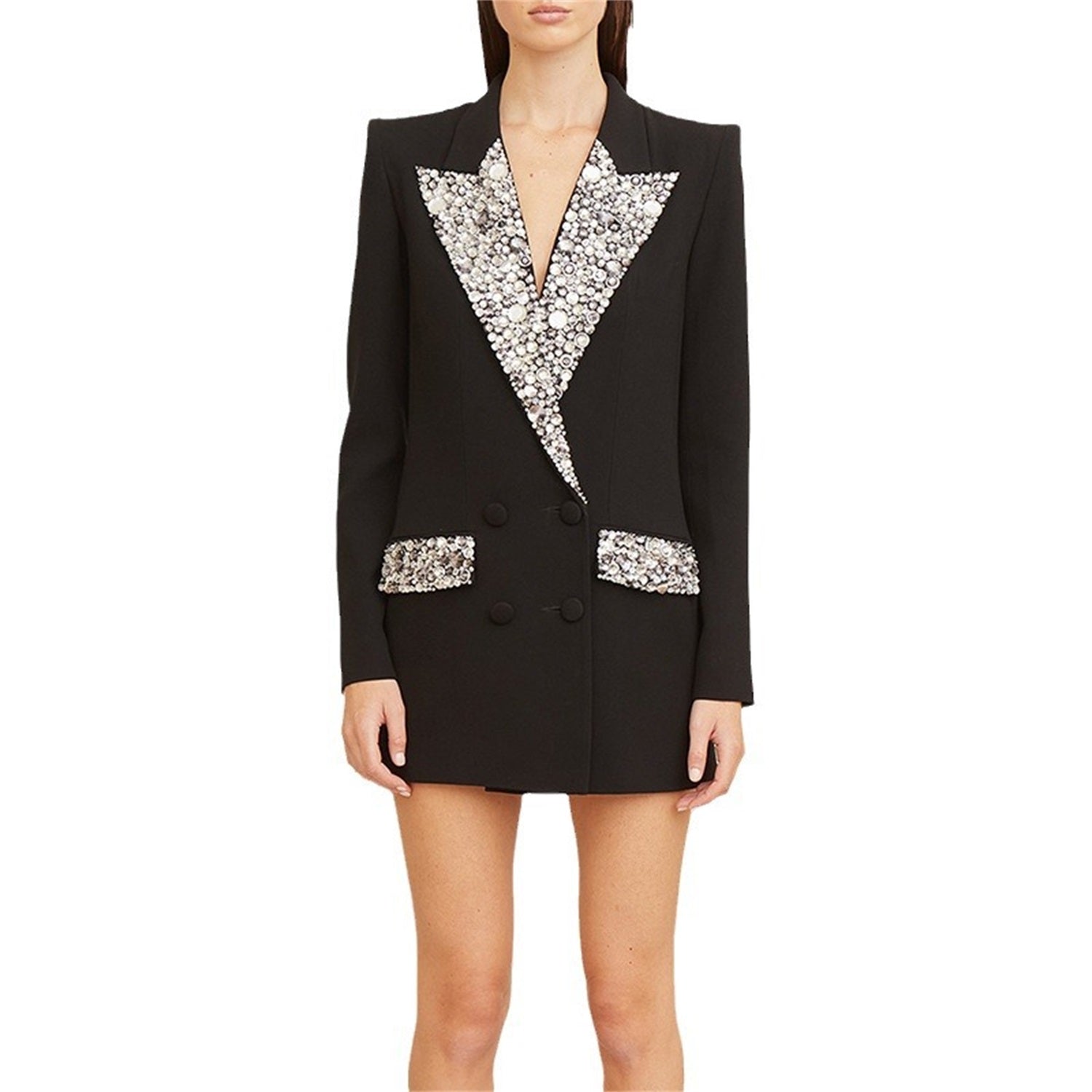 Platlogy Women's Luxury Designer Jacket Slim Fitting Rhinestone Diamonds Beaded Long Blazer Coat Main image
