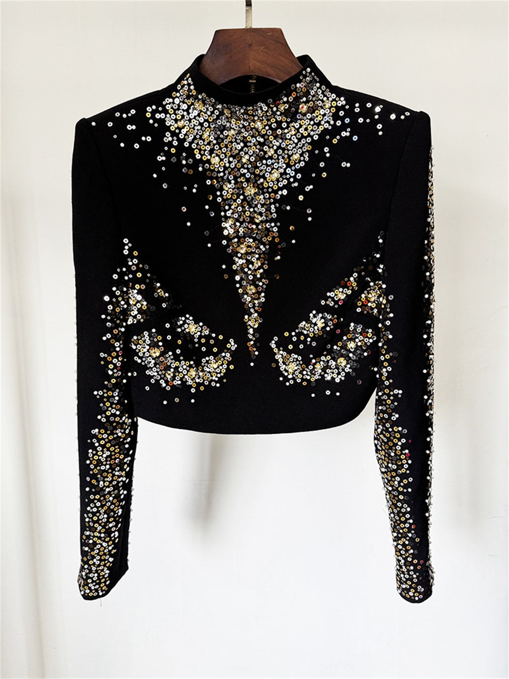 Platlogy Black Heavy Rhinestone Two Piece Evening Set Long Sleeve Cropped Top Asymmetrical Mermaid Skirt Formal Party Outfit