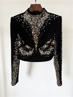Platlogy Black Heavy Rhinestone Two Piece Evening Set Long Sleeve Cropped Top Asymmetrical Mermaid Skirt Formal Party Outfit