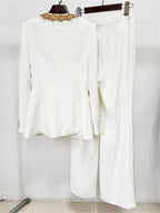 Platlogy Luxury Gold Beaded White Two Piece Women Suit Elegant Formal Blazer And Trouser Set For Business Wedding Party