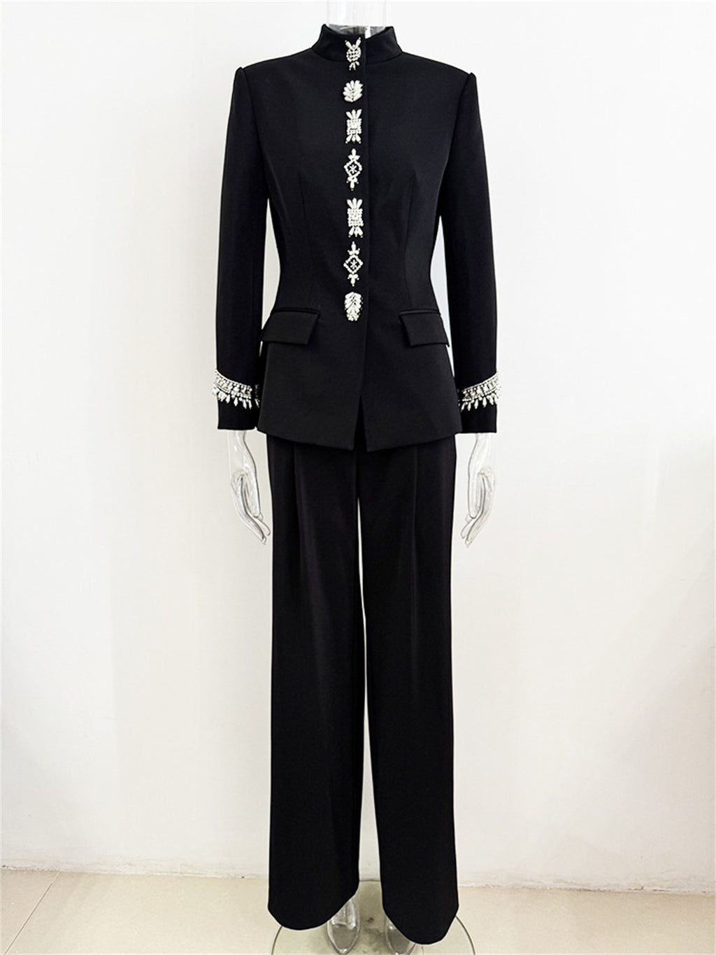 Platlogy Elegant Rhinestone Stand Collar Women Suit Formal Tailored Blazer And Wide Leg Pants Two Piece Outfit For Work Party