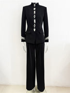 Platlogy Elegant Rhinestone Stand Collar Women Suit Formal Tailored Blazer And Wide Leg Pants Two Piece Outfit For Work Party
