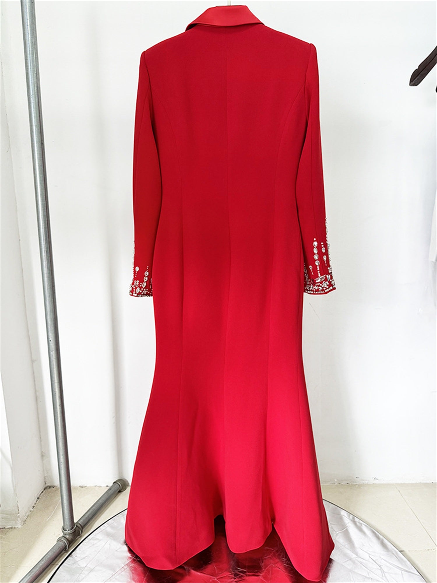 Embellished Cuff Maxi Blazer Dress Button Front Evening Party Dress