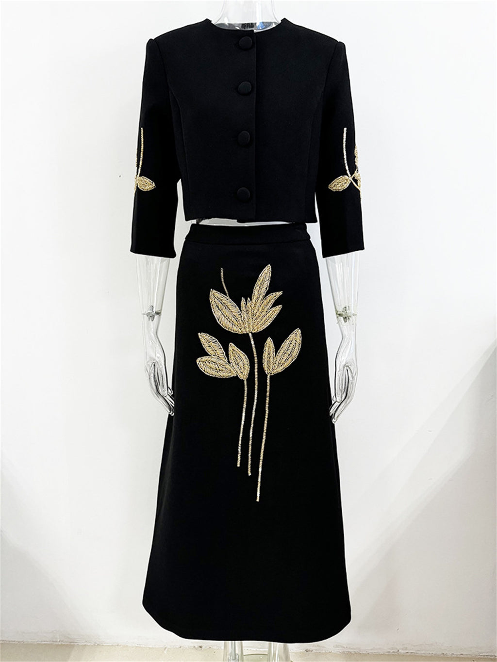 Platlogy Elegant Gold Leaf Embroidery Black Two Piece Set Cropped Jacket And Midi Skirt Formal Women Outfit For Office Wedding Party