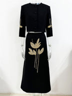 Platlogy Elegant Gold Leaf Embroidery Black Two Piece Set Cropped Jacket And Midi Skirt Formal Women Outfit For Office Wedding Party