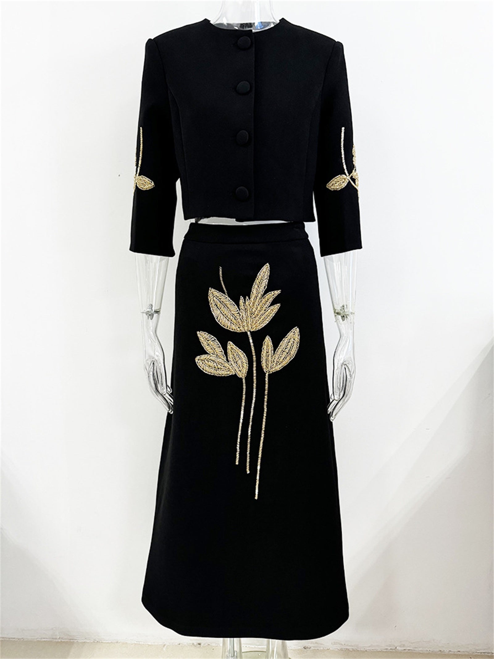 Platlogy Elegant Gold Leaf Embroidery Black Two Piece Set Cropped Jacket And Midi Skirt Formal Women Outfit For Office Wedding Party