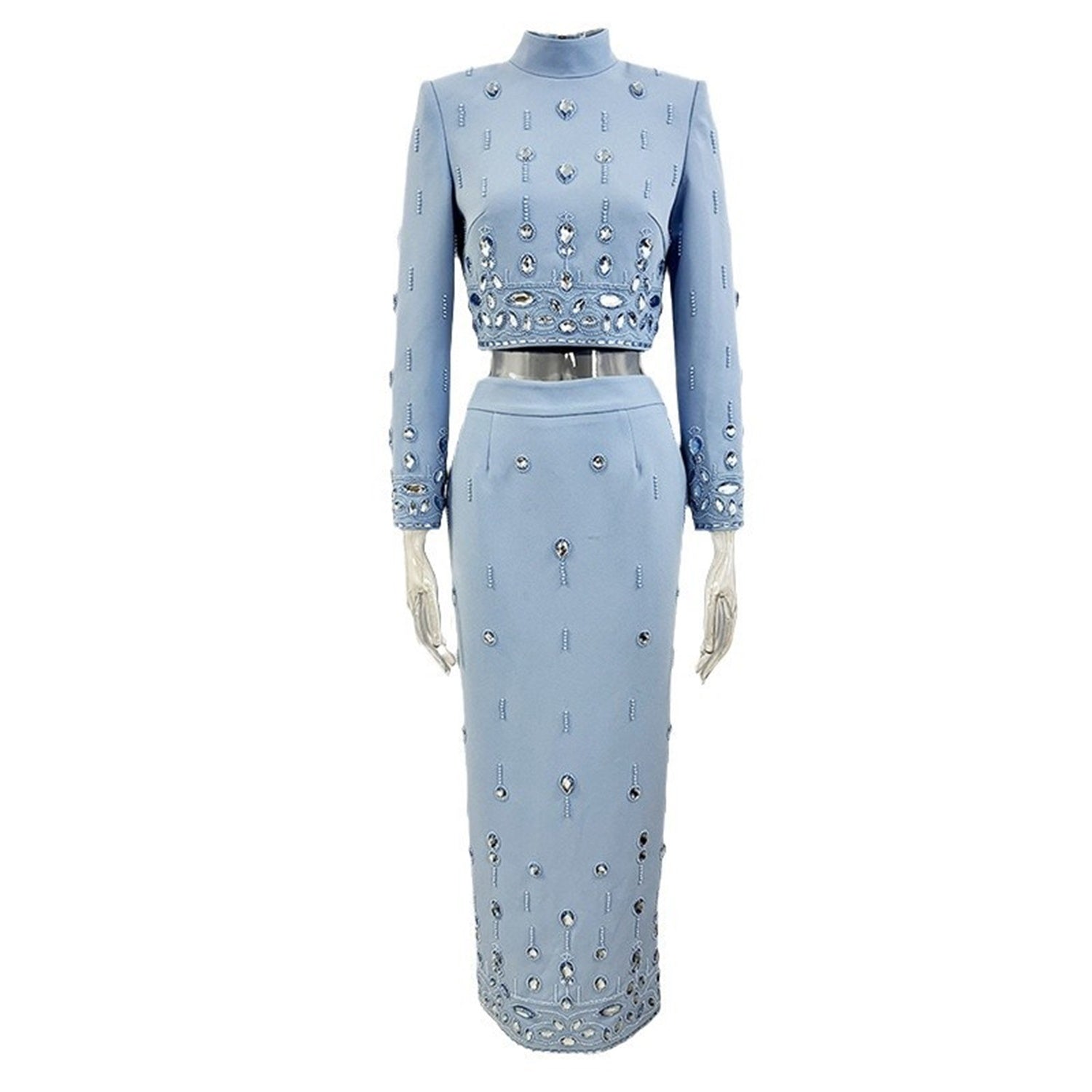 Women Rhinestone Embellished Two Piece Set Long Sleeve Crop Top And Maxi Skirt Formal Party Outfit