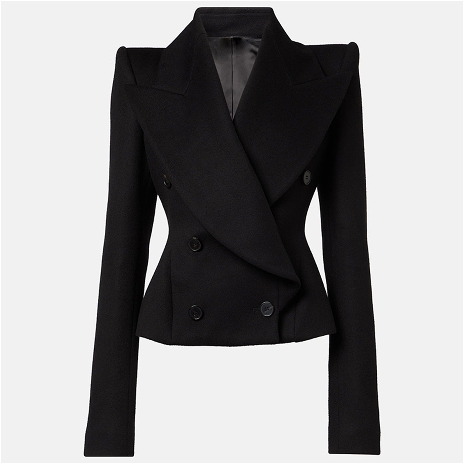 Platlogy Women Elegant Big Lapel Double Breasted Wool Blend Slim Cropped Blazer Formal Work Outerwear Secondary image