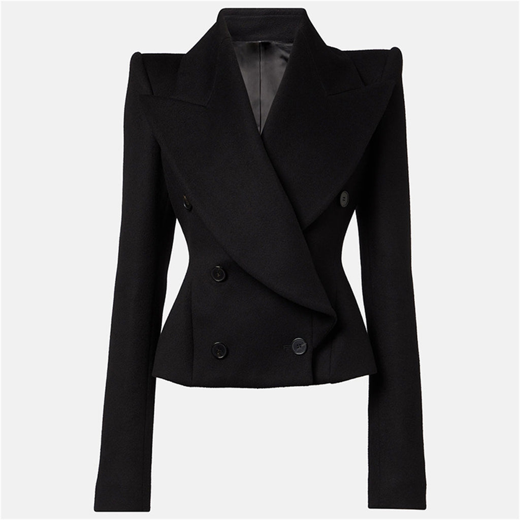 Platlogy Women Elegant Big Lapel Double Breasted Wool Blend Slim Cropped Blazer Formal Work Outerwear