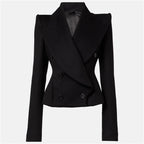 Platlogy Women Elegant Big Lapel Double Breasted Wool Blend Slim Cropped Blazer Formal Work Outerwear