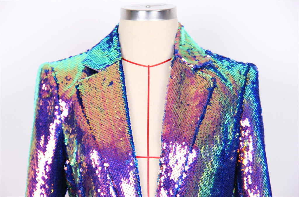 Women Sequin Blazer Single Button Long Sleeve Party Clubwear Jacket