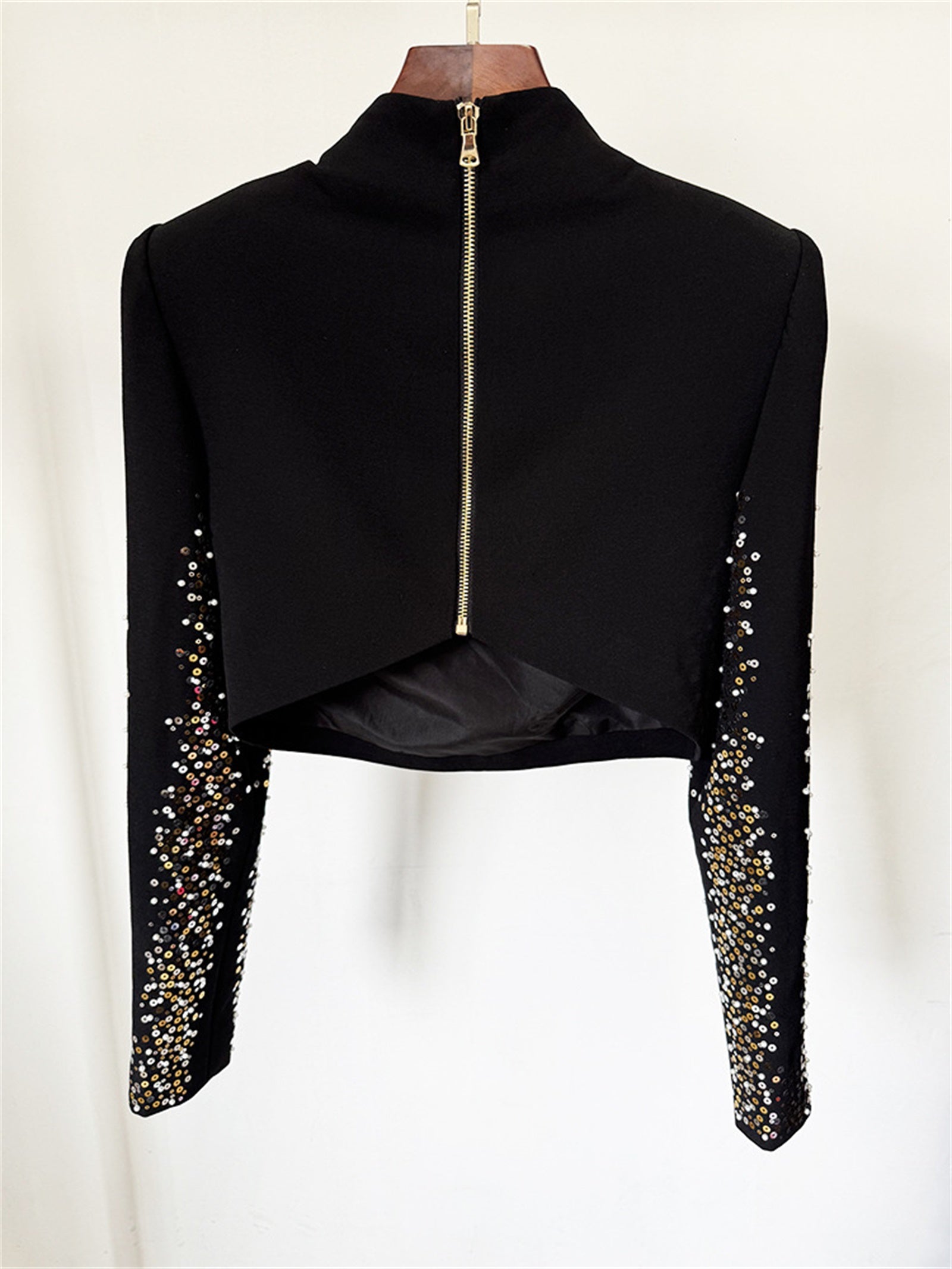 Platlogy Black Heavy Rhinestone Two Piece Evening Set Long Sleeve Cropped Top Asymmetrical Mermaid Skirt Formal Party Outfit