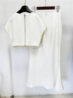 Platlogy Luxury Handmade Shell Beaded Two Piece Outfit Elegant Crop Top Mermaid Long Skirt Set For Wedding Guest Formal Party