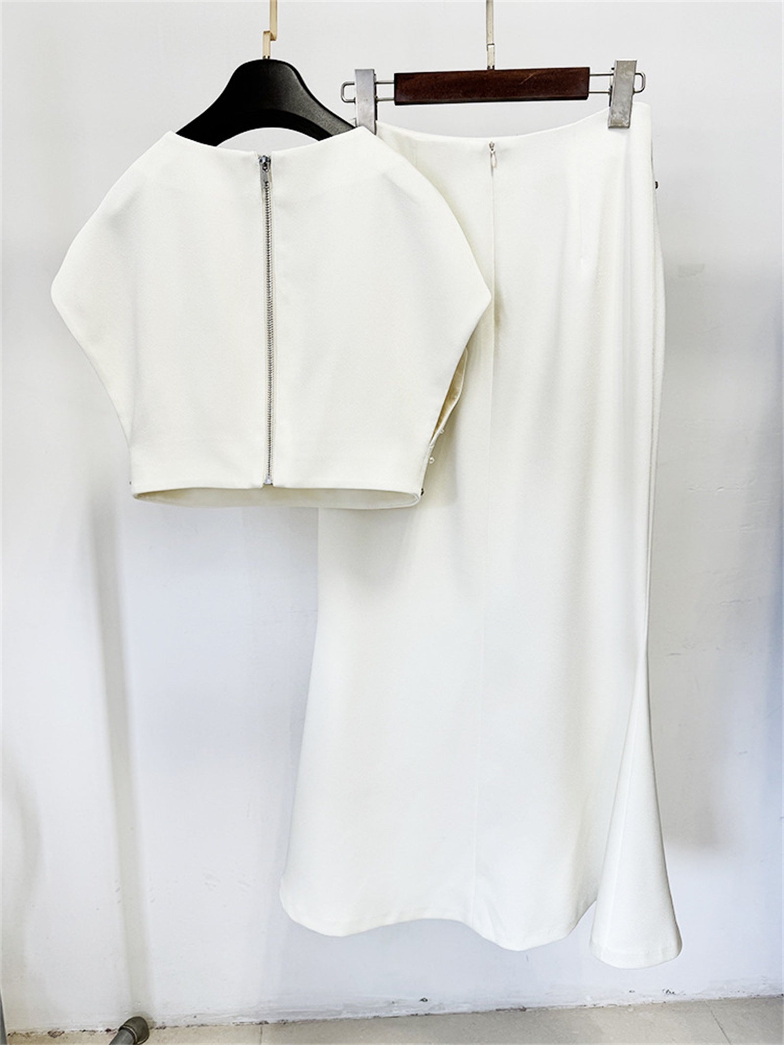 Platlogy Luxury Handmade Shell Beaded Two Piece Outfit Elegant Crop Top Mermaid Long Skirt Set For Wedding Guest Formal Party
