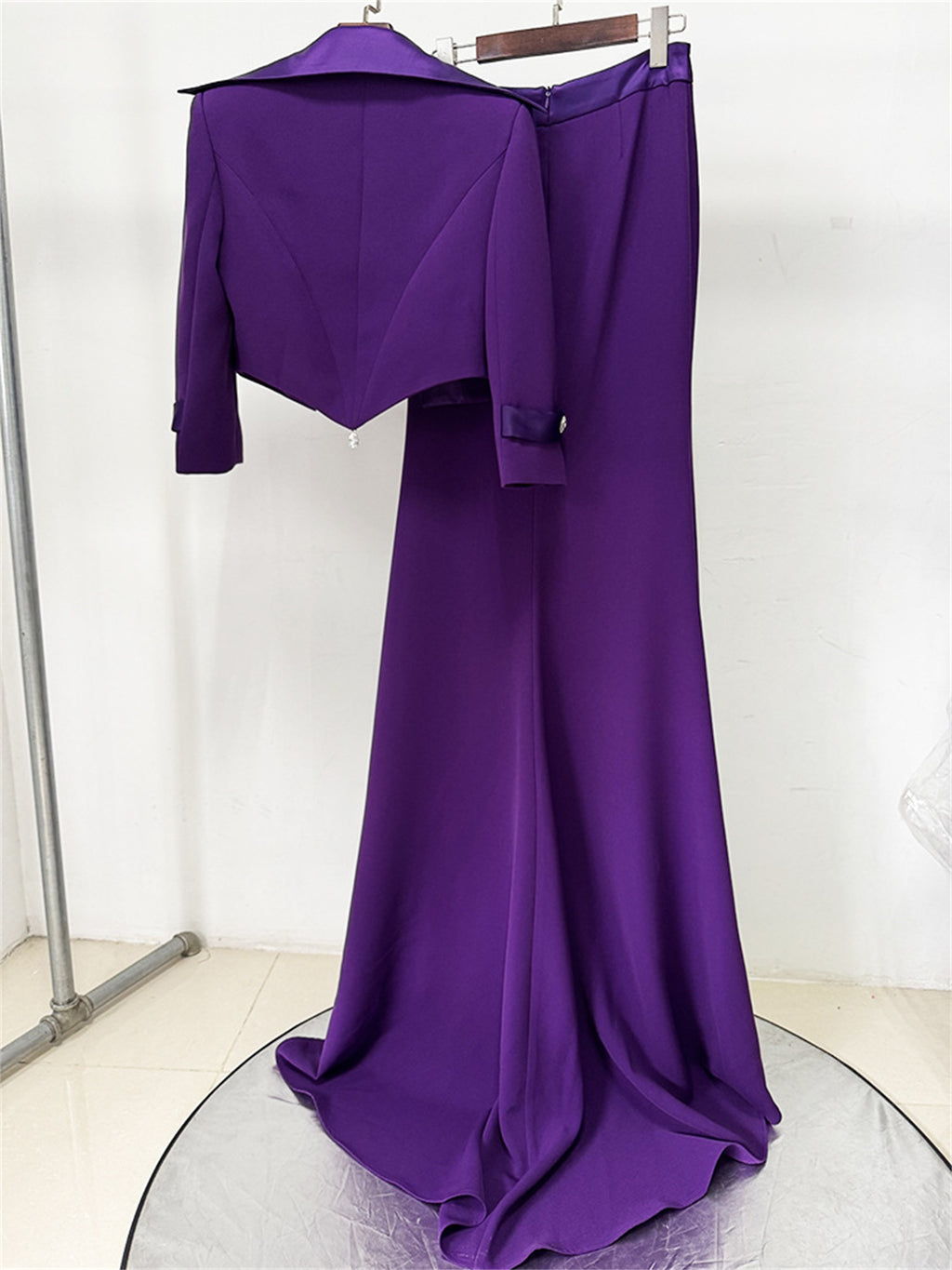 Platlogy Purple Elegant Cropped Blazer Mermaid Maxi Skirt Two Piece Formal Outfit For Evening Party Wedding Guest