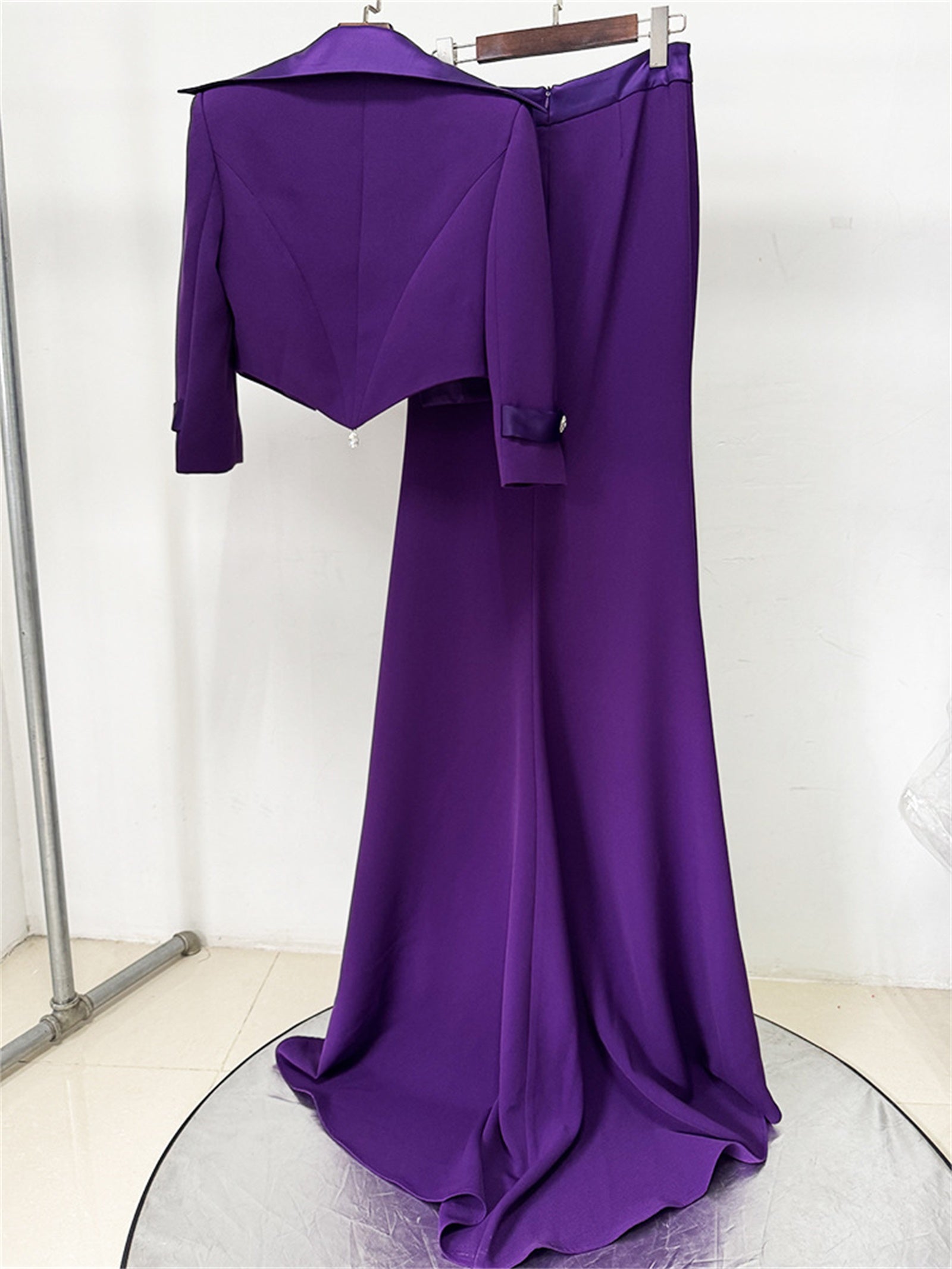Platlogy Purple Elegant Cropped Blazer Mermaid Maxi Skirt Two Piece Formal Outfit For Evening Party Wedding Guest