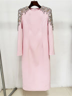 Platlogy Pink Shoulder Rhinestone Embellished Long Sleeve Midi Formal Dress Elegant Party Cocktail Sheath Dress