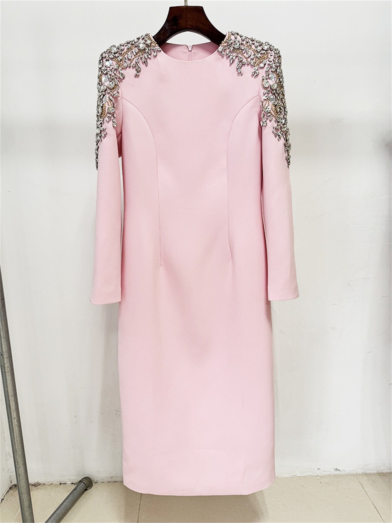 Platlogy Pink Shoulder Rhinestone Embellished Long Sleeve Midi Formal Dress Elegant Party Cocktail Sheath Dress