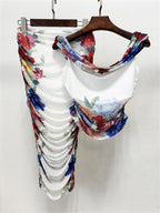 Platlogy Floral Print Draped Neck Mesh Two Piece Crop Top Ruched  Skirt Set