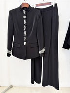 Platlogy Elegant Rhinestone Stand Collar Women Suit Formal Tailored Blazer And Wide Leg Pants Two Piece Outfit For Work Party