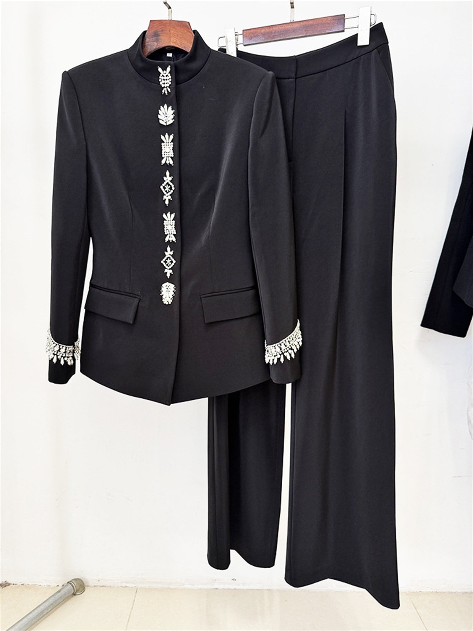 Platlogy Elegant Rhinestone Stand Collar Women Suit Formal Tailored Blazer And Wide Leg Pants Two Piece Outfit For Work Party