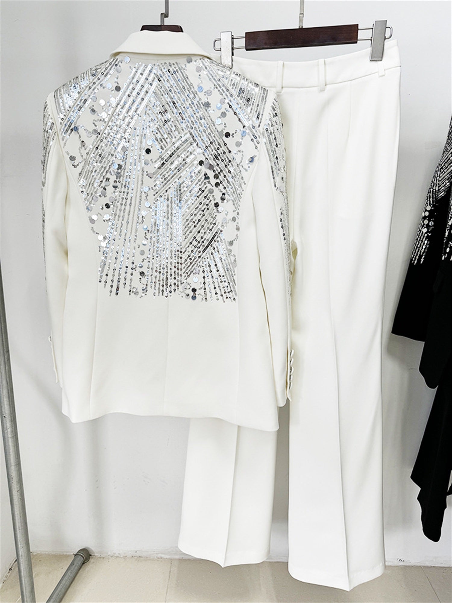 Sparkly Beaded Tuxedo Blazer Straight Leg Pants Suit For Party