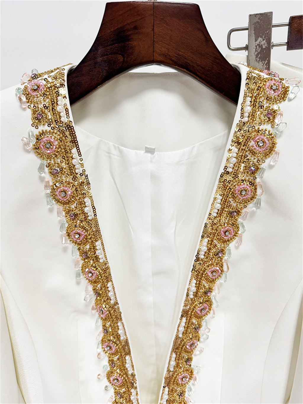 Platlogy Luxury Gold Beaded White Two Piece Women Suit Elegant Formal Blazer And Trouser Set For Business Wedding Party