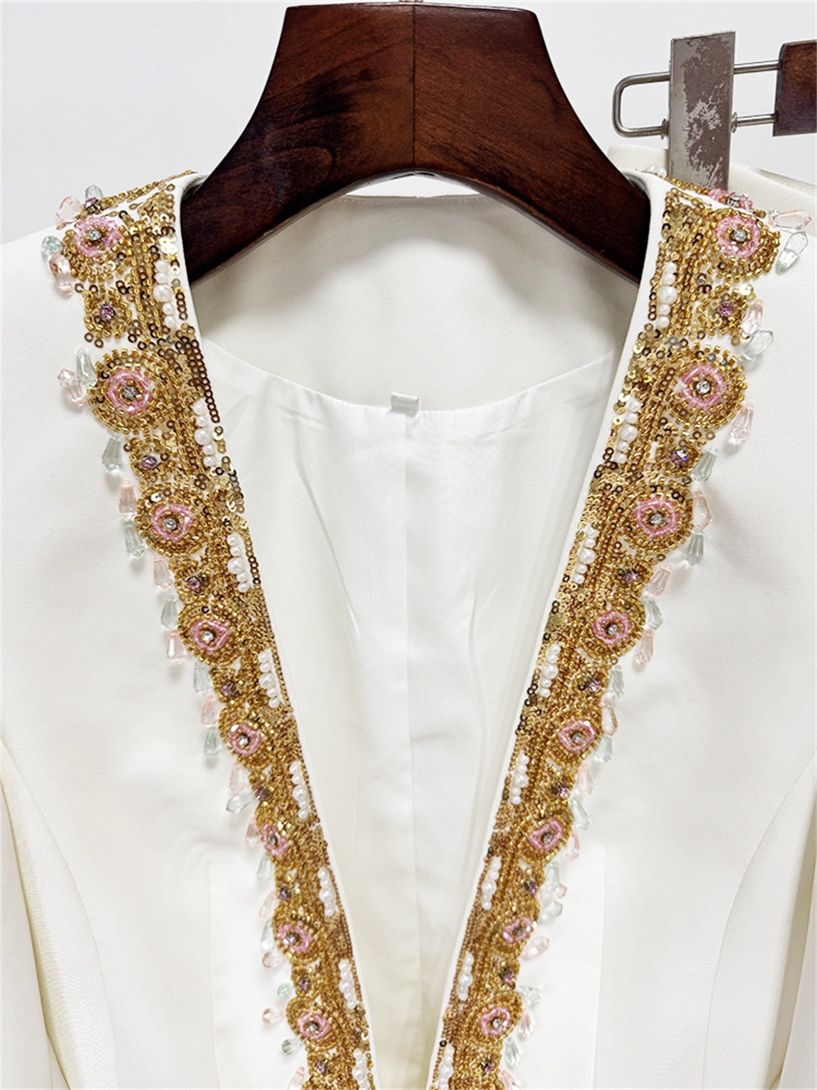 Platlogy Luxury Gold Beaded White Two Piece Women Suit Elegant Formal Blazer And Trouser Set For Business Wedding Party