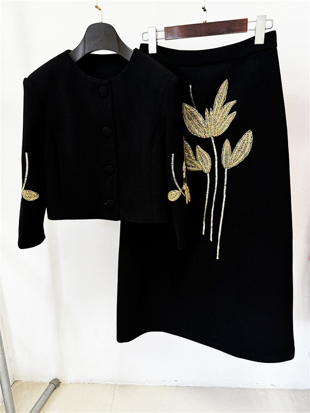 Platlogy Elegant Gold Leaf Embroidery Black Two Piece Set Cropped Jacket And Midi Skirt Formal Women Outfit For Office Wedding Party