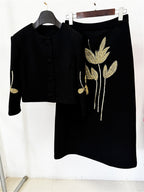 Platlogy Elegant Gold Leaf Embroidery Black Two Piece Set Cropped Jacket And Midi Skirt Formal Women Outfit For Office Wedding Party
