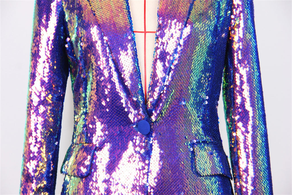 Women Sequin Blazer Single Button Long Sleeve Party Clubwear Jacket