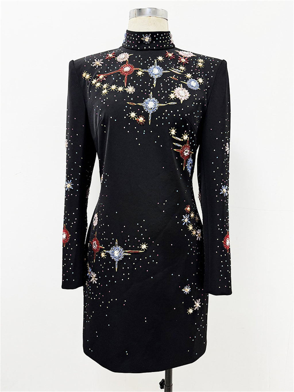 Platlogy Black Stand Collar Long Sleeve Mini Dress Heavy Star Rhinestone Embellished Elegant Party Cocktail Dress