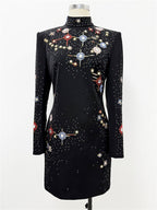 Platlogy Black Stand Collar Long Sleeve Mini Dress Heavy Star Rhinestone Embellished Elegant Party Cocktail Dress