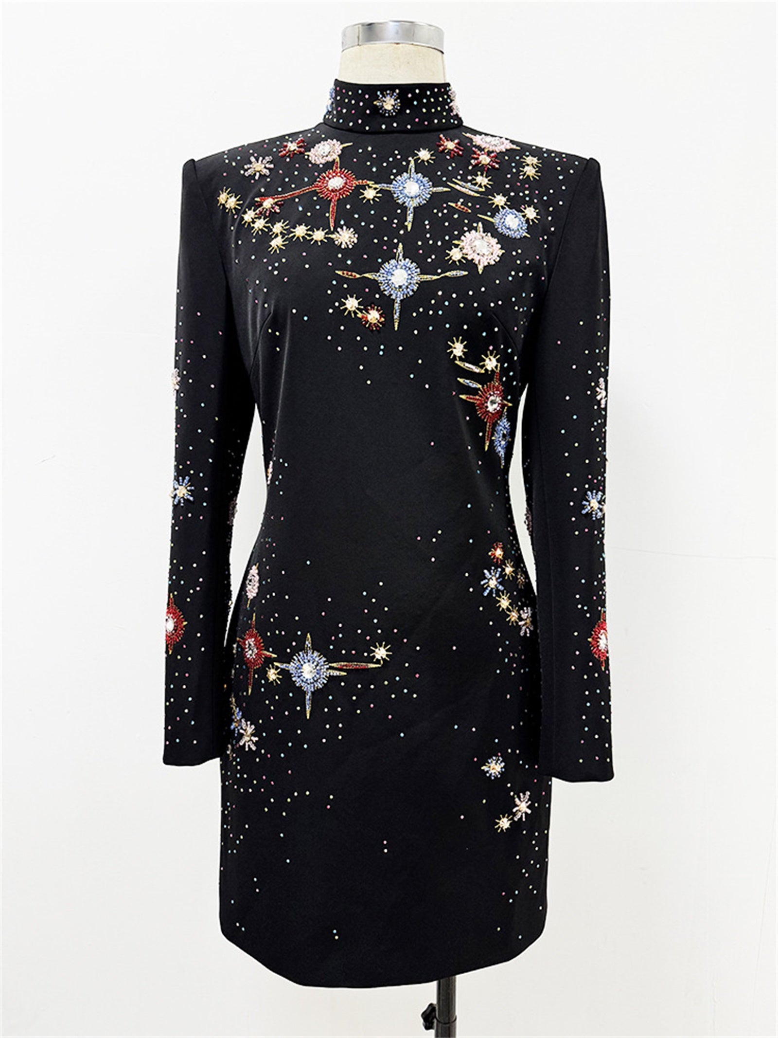 Platlogy Black Stand Collar Long Sleeve Mini Dress Heavy Star Rhinestone Embellished Elegant Party Cocktail Dress