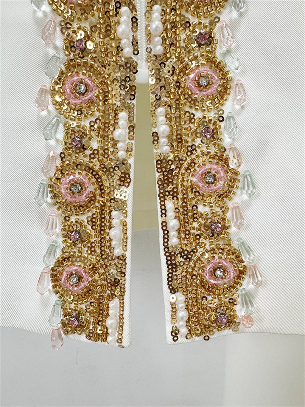 Platlogy Luxury Gold Beaded White Two Piece Women Suit Elegant Formal Blazer And Trouser Set For Business Wedding Party