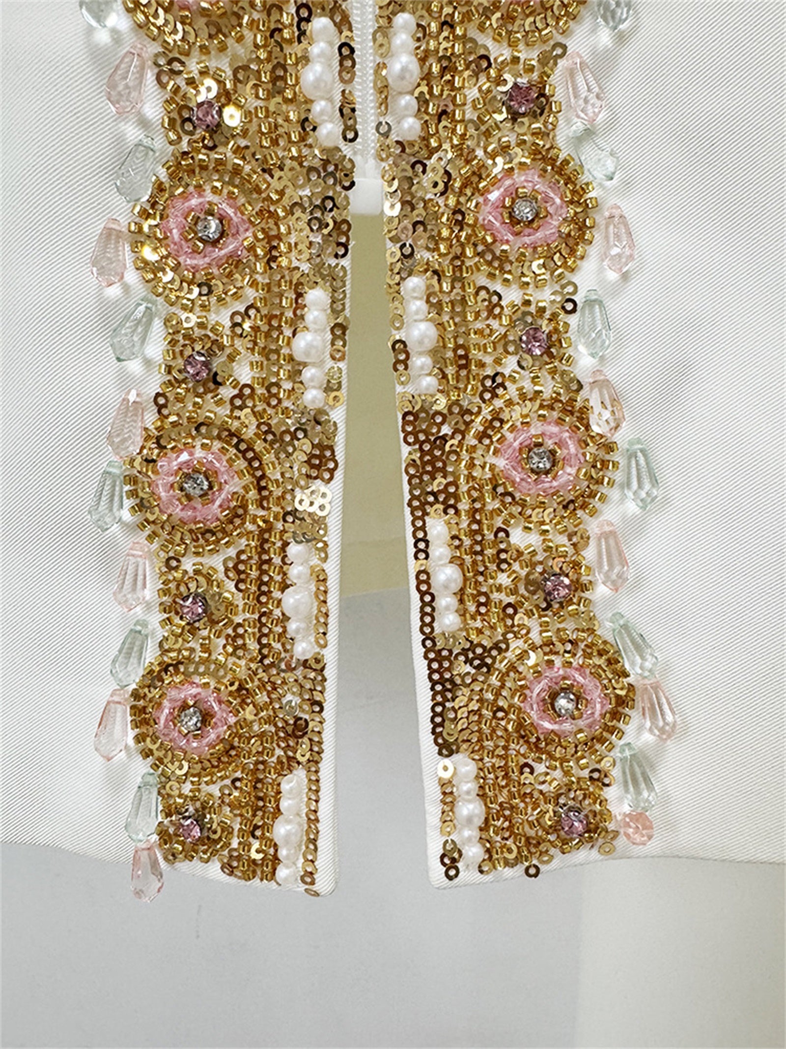 Platlogy Luxury Gold Beaded White Two Piece Women Suit Elegant Formal Blazer And Trouser Set For Business Wedding Party