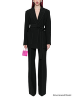 Platlogy Women Elegant Two Piece Suit Set with Notched Lapel and Waist Tie