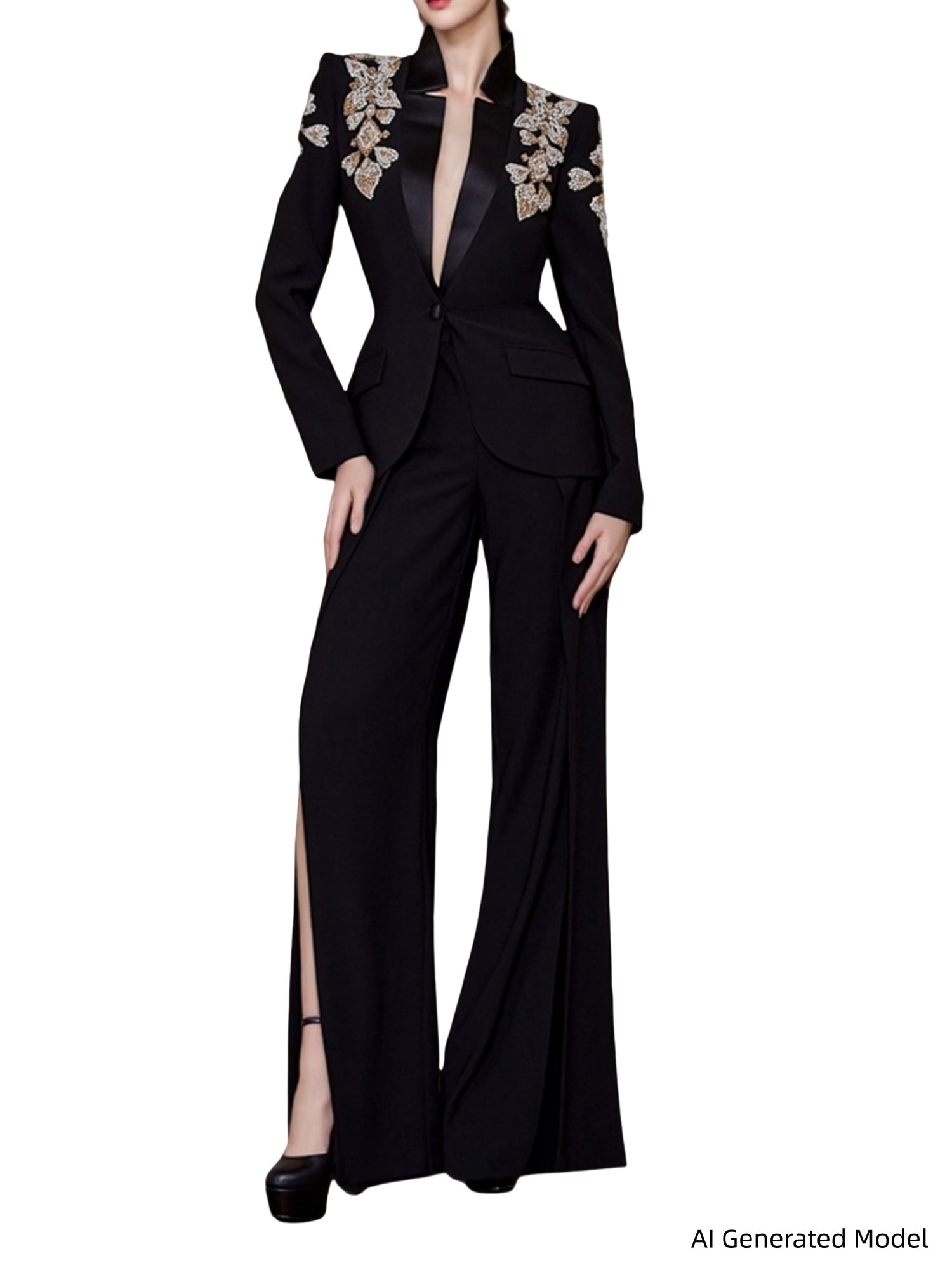 Platlogy Women's Designer Suit Women Beaded Diamonds Stand Collar Single Button Blazer Wide-leg Pants Set 2PCS Main image