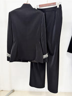 Platlogy Elegant Rhinestone Stand Collar Women Suit Formal Tailored Blazer And Wide Leg Pants Two Piece Outfit For Work Party