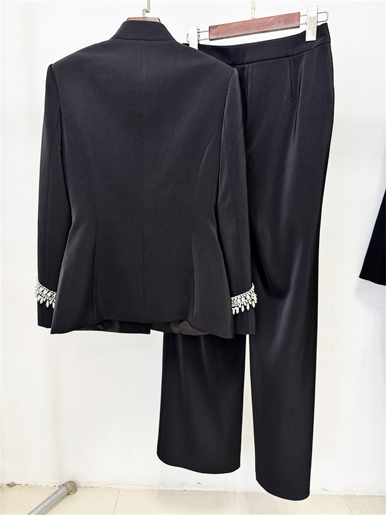 Platlogy Elegant Rhinestone Stand Collar Women Suit Formal Tailored Blazer And Wide Leg Pants Two Piece Outfit For Work Party