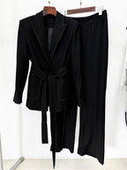 Platlogy Elegant White Belted Blazer Pants Set Stitched Detail Formal Business Two Piece Outfit For Women