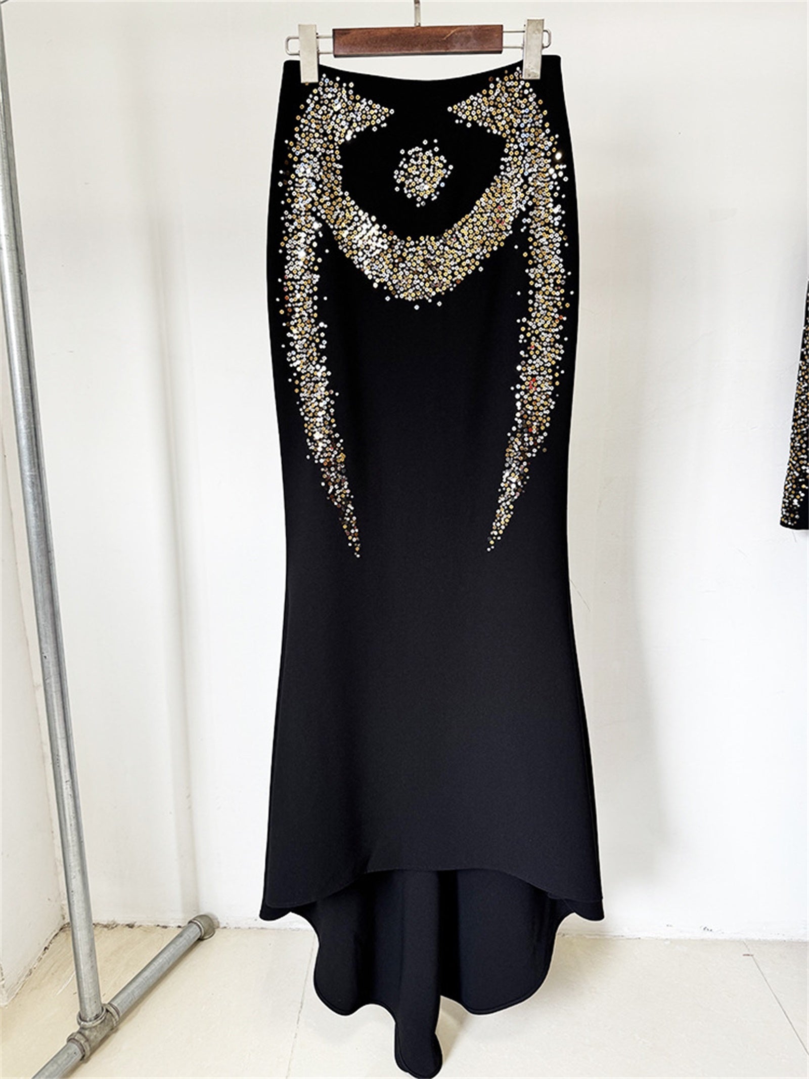 Platlogy Black Heavy Rhinestone Two Piece Evening Set Long Sleeve Cropped Top Asymmetrical Mermaid Skirt Formal Party Outfit