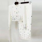 Women Rhinestone Embellished Two Piece Set Long Sleeve Crop Top And Maxi Skirt Formal Party Outfit