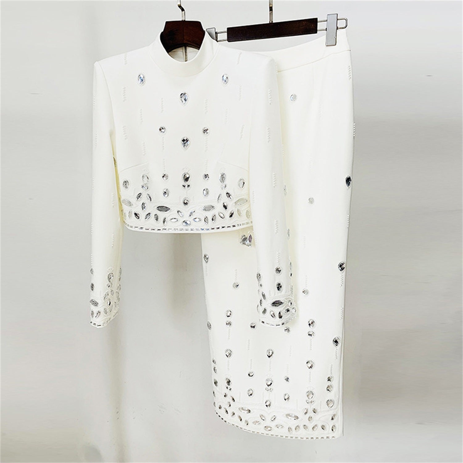 Women Rhinestone Embellished Two Piece Set Long Sleeve Crop Top And Maxi Skirt Formal Party Outfit