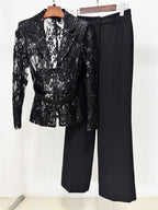 Platlogy Black Sequin Lace Blazer Straight Trouser 2 Piece Set Elegant Formal Women Pant Suit for Evening Party Business Occasions