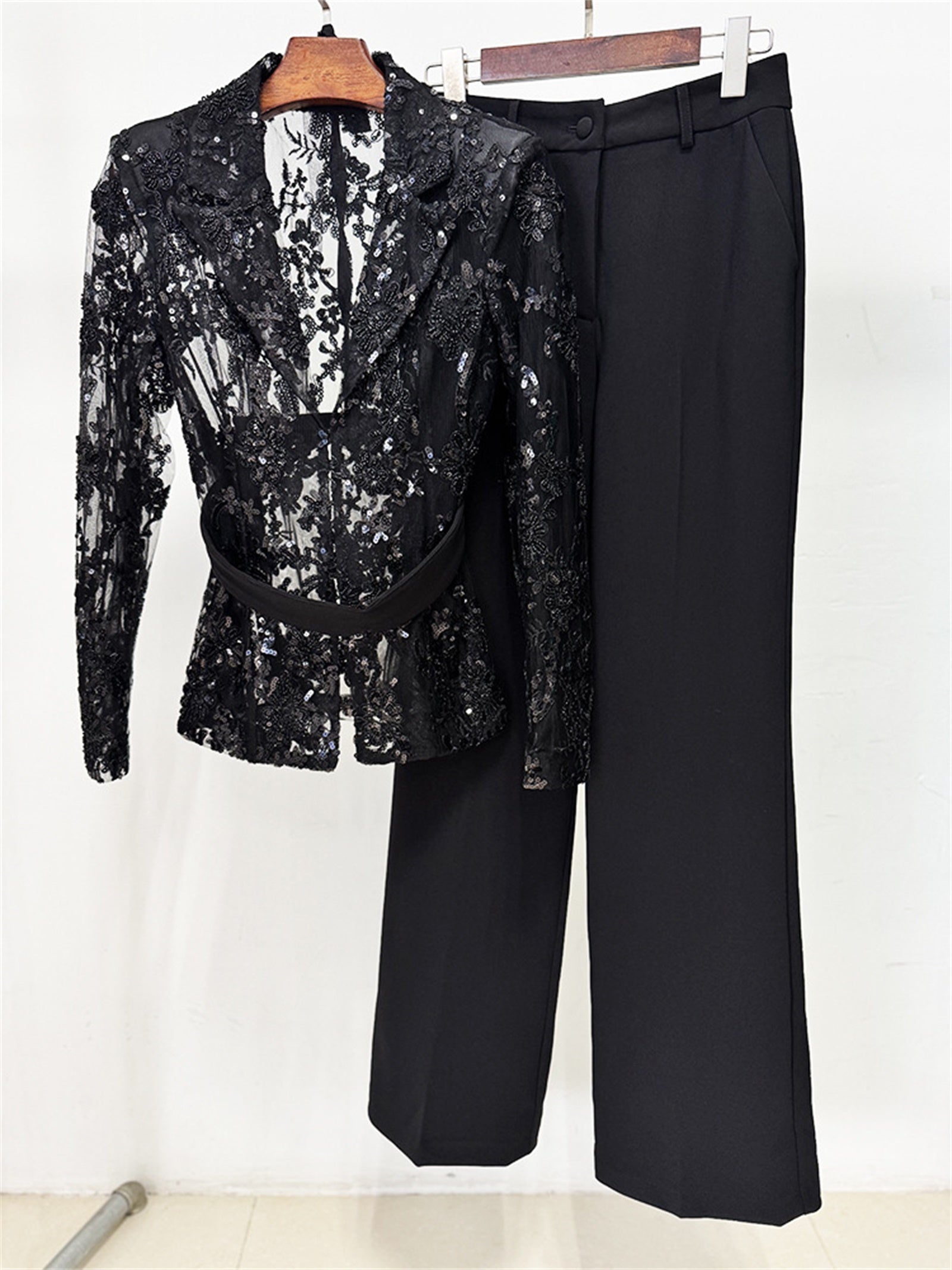 Platlogy Black Sequin Lace Blazer Straight Trouser 2 Piece Set Elegant Formal Women Pant Suit for Evening Party Business Occasions