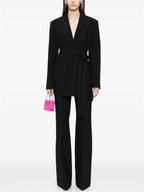 Women Elegant Two Piece Suit Set with Notched Lapel and Waist Tie